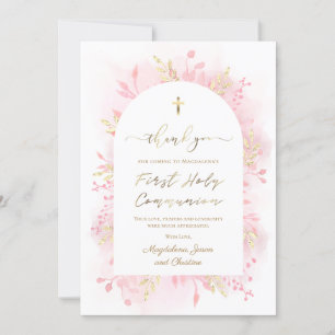 Communion pink watercolor foliage thank you card