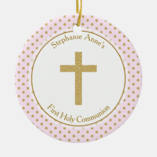 Communion Pink with Gold Polka Dots Ceramic Ornament