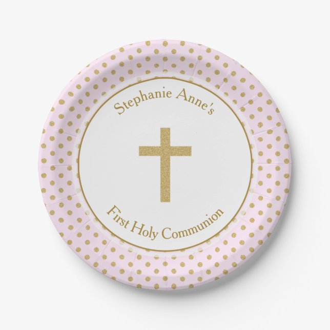 Communion Pink with Gold Polka Dots Paper Plate (Front)