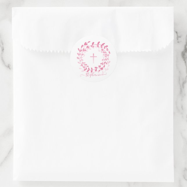 Communion Pink Wreath and Cross Classic Round Sticker (Bag)