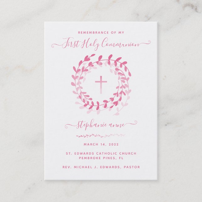 Communion Pink Wreath and Cross Prayer Business Card (Front)