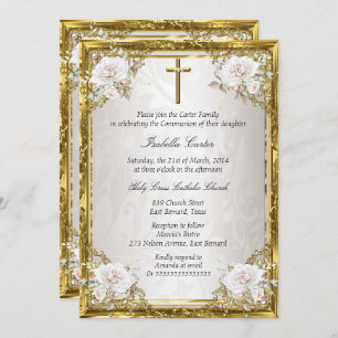 Communion Rose Gold Beige Pearl Damask Cross Invitation