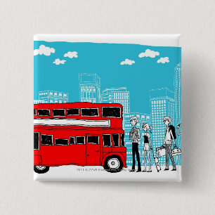 Commuters waiting at bus stop 15 cm square badge