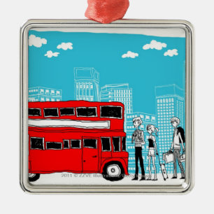 Commuters waiting at bus stop metal tree decoration