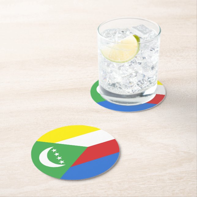 Comoros flag round paper coaster (Insitu)
