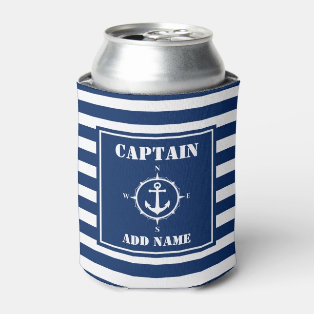 Comp Anchor Captain Add Name Boat Name Blue Stripe Can Cooler (Can Front)