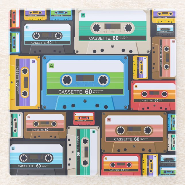 Compact Cassettes Abstract Composition Glass Coaster (Front)