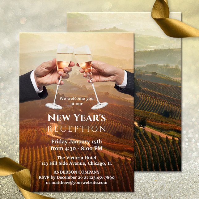 Company Champagne New Year's Open House Reception Invitation (An elegant New Year Reception or Open House invitation for a company or business, featuring a toast )