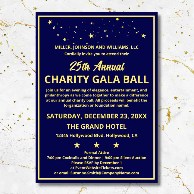 Company Charity Gala Ball Elegant Blue Gold Custom Invitation | Zazzle