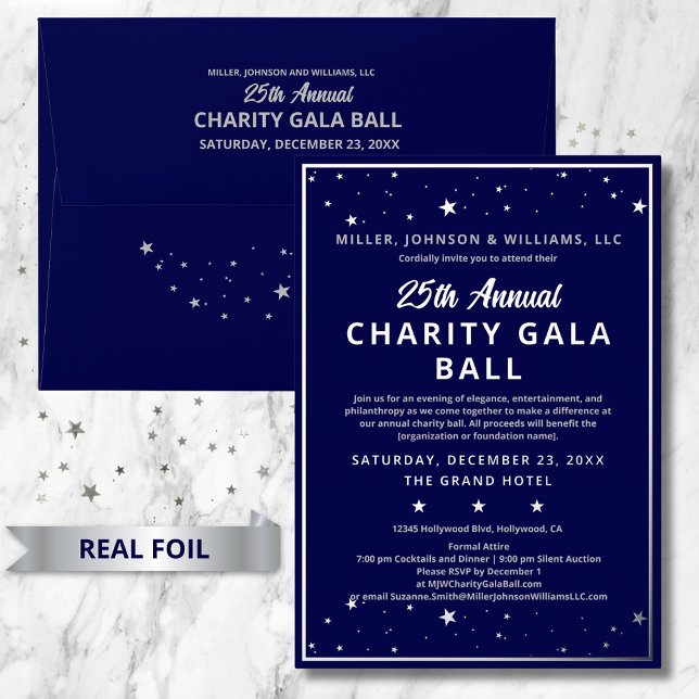 Company Charity Gala Ball Elegant Blue Silver (Elegant Silver Foil Annual Charity Gala Ball Custom invitation. Matching envelopes sold separately.)