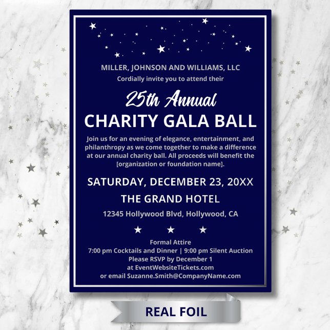 Company Charity Gala Ball Elegant Custom Silver (Charity Gala Ball custom elegant silver foil invitations, also for Company and Retirement Parties.)