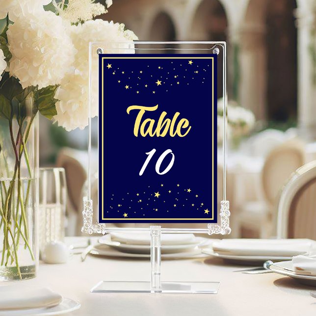 Company Charity Gala Ball Event Elegant Gold Blue Table Number (Charity Ball Gala Event Table Number in Navy Blue and Gold with Stars.)