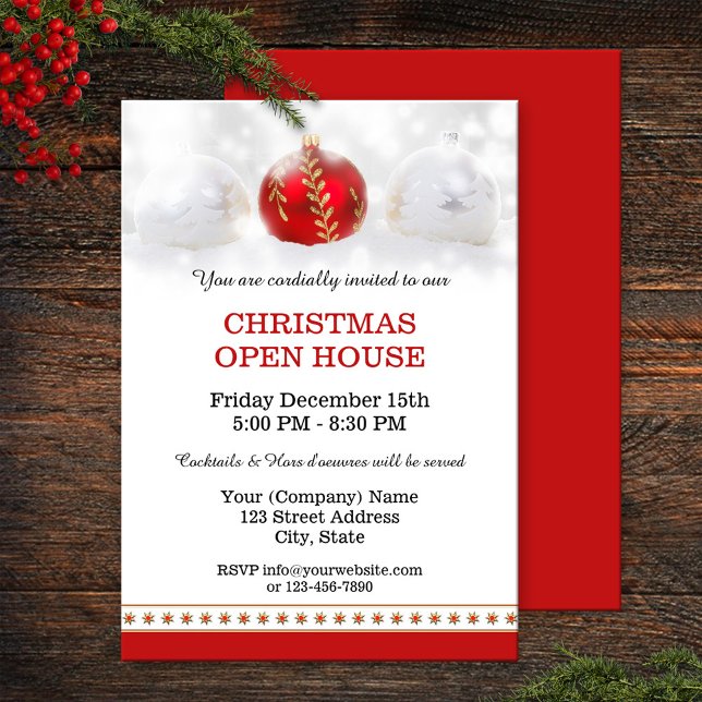 Company Christmas Open House Party Invitation (Traditional Christmas party or open house invitation featuring festive Christmas baubles and stars)