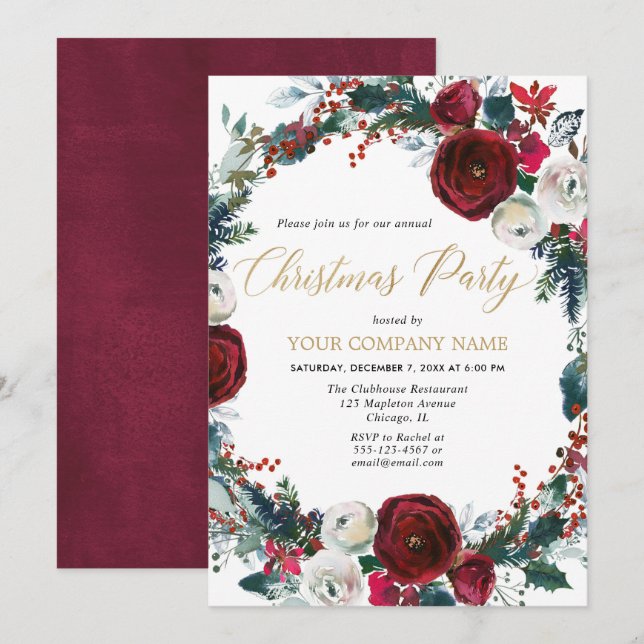 Company Christmas party elegant burgundy gold Invitation (Front/Back)