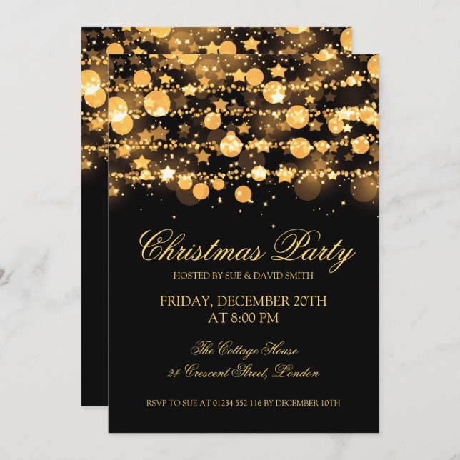 Company Christmas Party Gold String Lights Invitation (Front/Back)