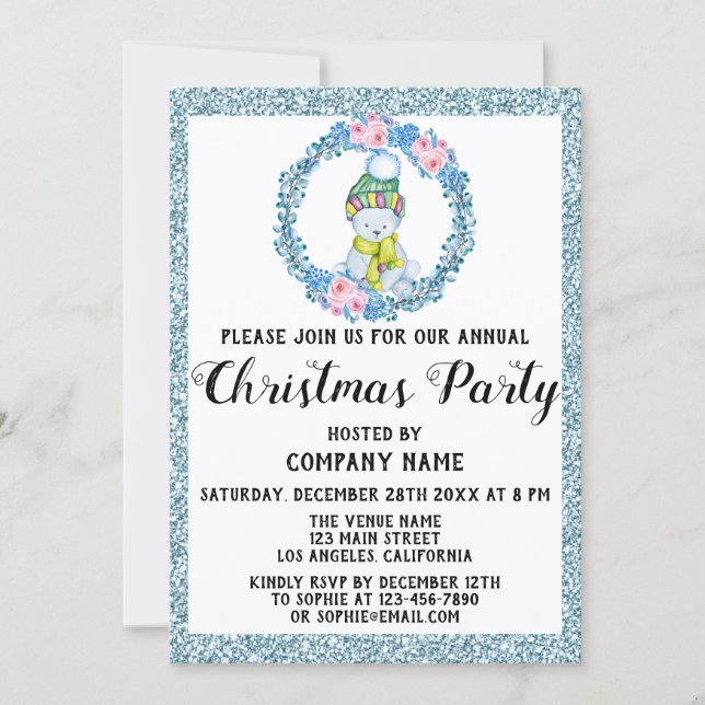 Company Christmas Party Light Blue Glitter Wreath Invitation (Front)