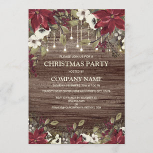 Company Christmas Party Rustic Wood Red Poinsettia Invitation
