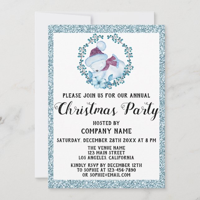 Company Christmas Party Wreath Light Blue Glitter Invitation (Front)