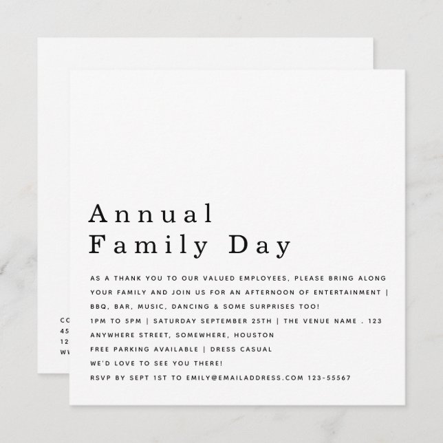 Company Family Day Business Logo White Invitation (Front/Back)