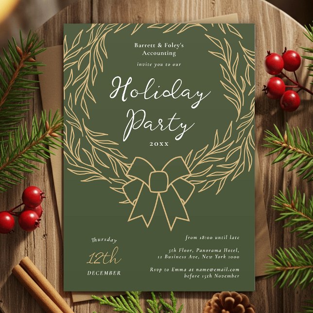 Company Holiday Party Green & Gold Wreath Business Invitation (Modern minimal greenery wreath Business Holiday Party Invitation in green and gold)