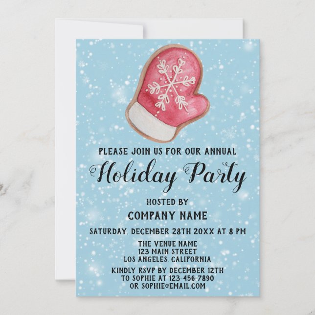 Company Holiday Party Red & White Mitten Blue Snow Invitation (Front)
