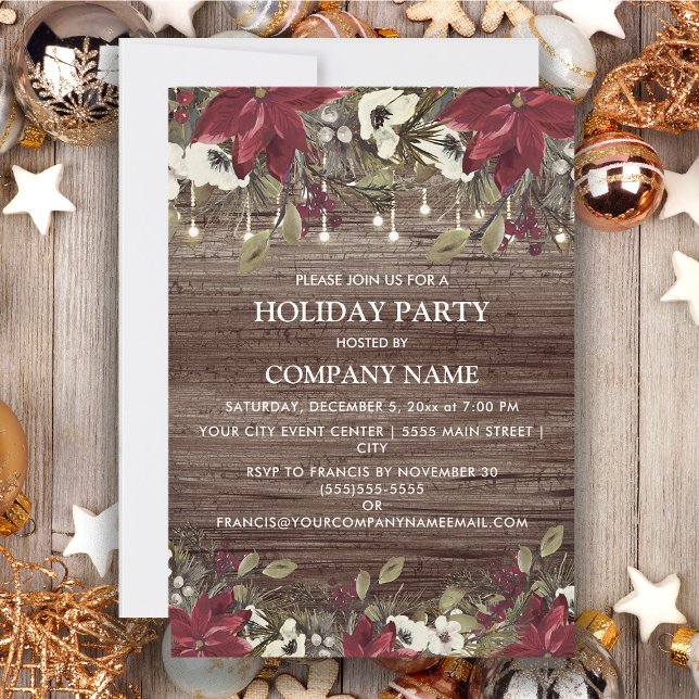 Company Holiday Party Rustic Wood Red Poinsettia   Invitation (Company Christmas/holiday party invitation)