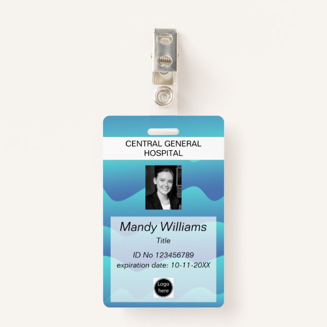 Company ID Employee photo logo blue wave name ID Badge (Front with Clip)