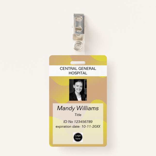 Company ID Employee photo logo yellow wave name ID Badge (Front with Clip)