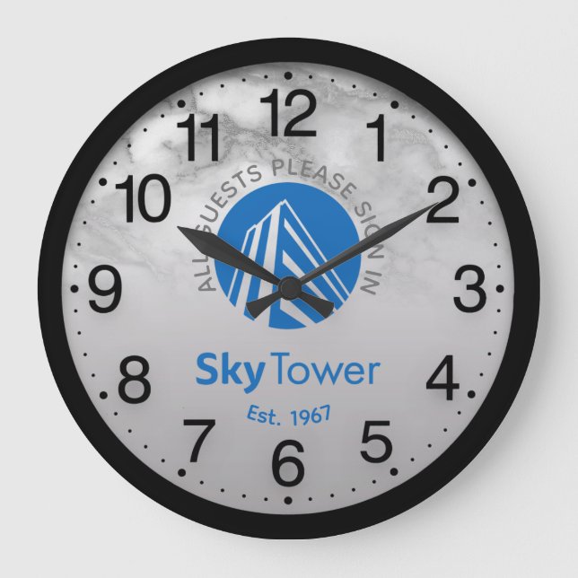 Company Logo Black Grey Marble Name Sky Tower Large Clock (Front)