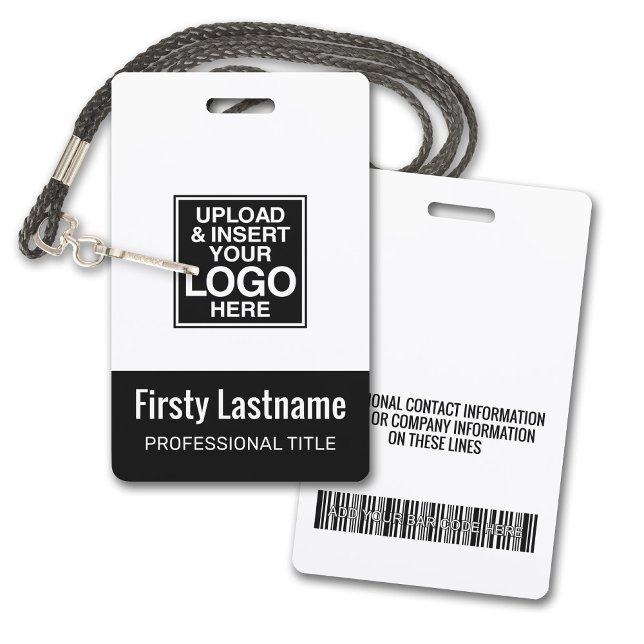 Company Logo BLACK Name Title Bar Code Custom ID Badge (Plastic ID Badge with logo and Credentials)