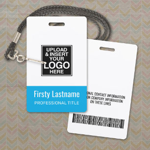 Company Logo - BLUE Name Title Bar Code Custom ID ID Badge
