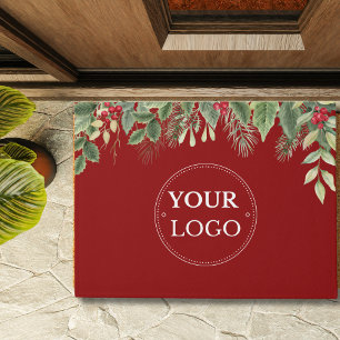 Company Logo Christmas Floral Red Doormat
