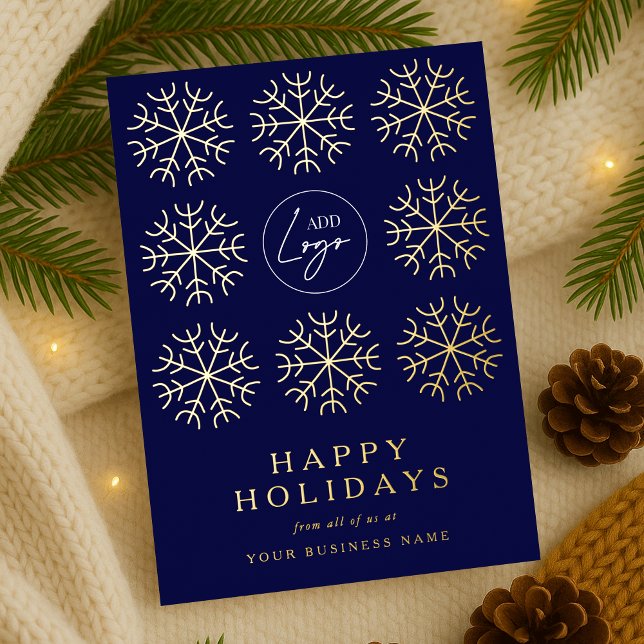 Company Logo Christmas Snowflakes Navy & Gold Foil Holiday Card (Corporate business logo navy blue and gold foil holiday cards )