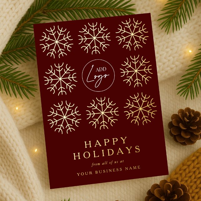 Company Logo Christmas Snowflakes Red & Gold Foil Holiday Card (Corporate business logo red and gold foil holiday cards )