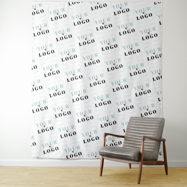 Company Logo Diagonal Step Repeat White Backdrop Tapestry (In Situ)