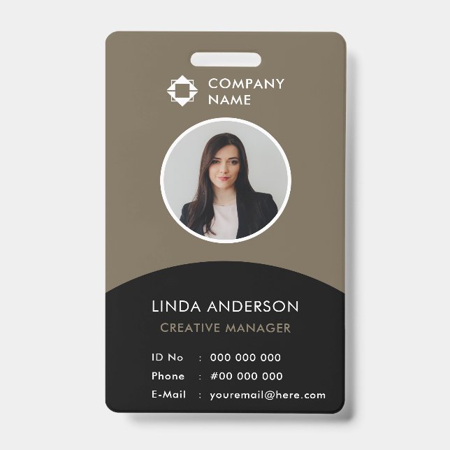 Company Logo Employee Photo ID Elegant Brown Black Badge (Front)