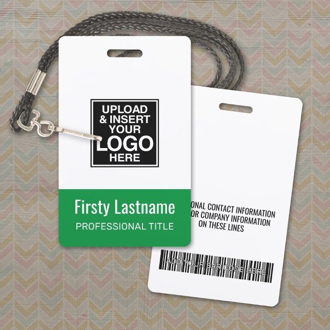 Company Logo GREEN Name Title Bar Code Custom ID Badge (Logo Name Badge with Optional Lanyard)