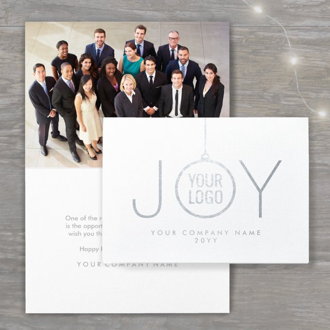 Company Logo JOY Christmas Ornament Holiday Photo Foil Card (Creator Uploaded)