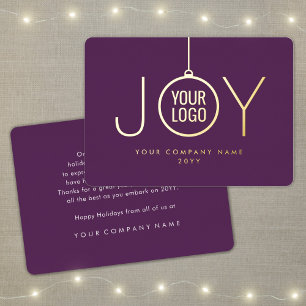 Company Logo JOY Christmas Ornament Purple Elegant Foil Holiday Card