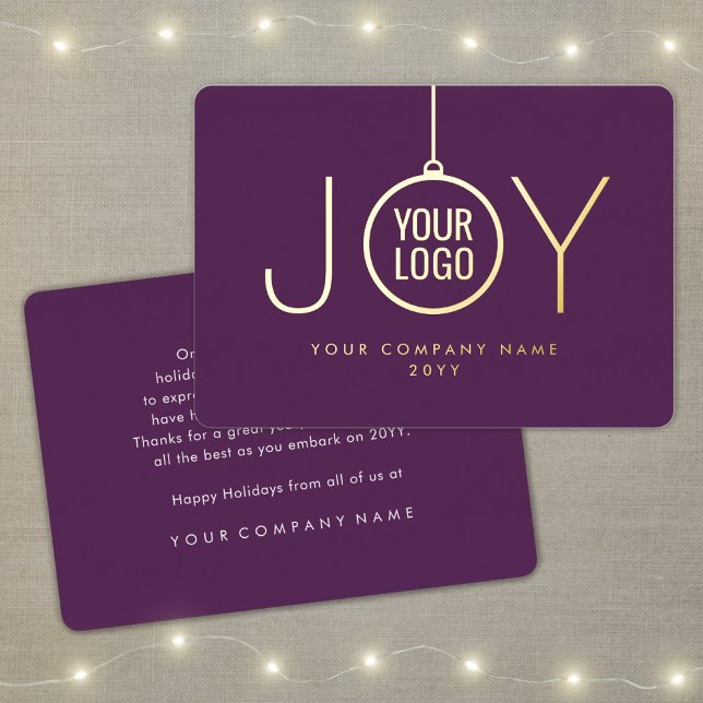 Company Logo JOY Christmas Ornament Purple Elegant Foil Holiday Card (Creator Uploaded)