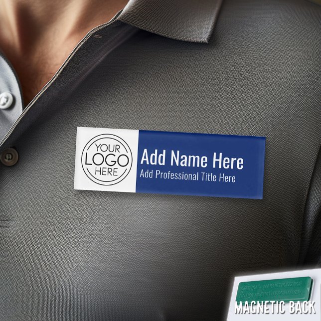 Company Logo - Name, Professional Title, Blue Name Tag (Custom Logo Employee Name Tag)