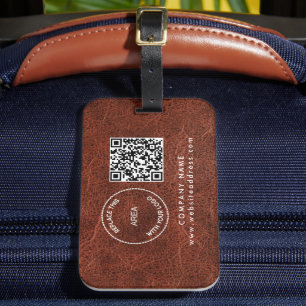 Company Logo Name QR Code Brown Faux Leather  Luggage Tag