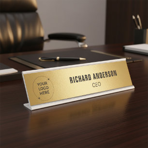 Company Logo Name Title Modern Gold Texture Desk Name Plate