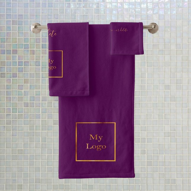Company logo purple gold text business bath towel set (Creator Uploaded)