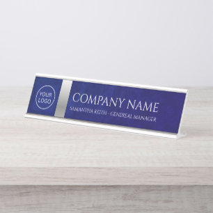 Company Logo Royal Blue Leather and Silver Custom Desk Name Plate