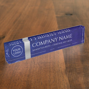 Company Logo Royal Blue Leather and Silver Custom Nameplate