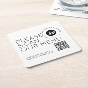 Company logo Scan menu QR code Round text Business Square Paper Coaster