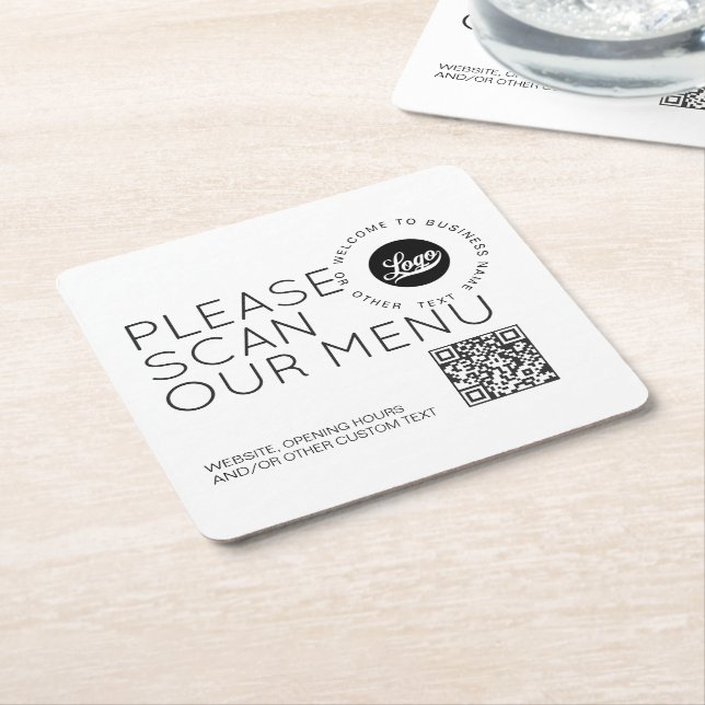 Company logo Scan menu QR code Round text Business Square Paper Coaster (Angled)