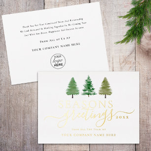 Company Logo Seasons Greetings Trees Script Gold Foil Holiday Card