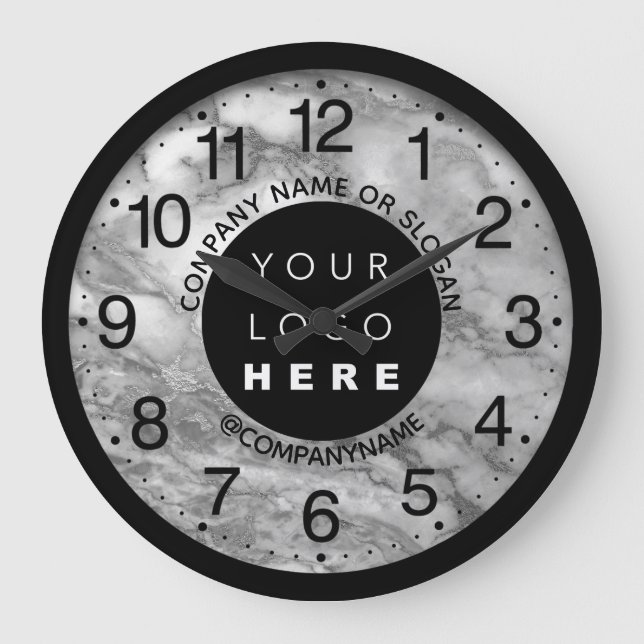 Company Logo Silver Grey Marble Name Slogan   Large Clock (Front)
